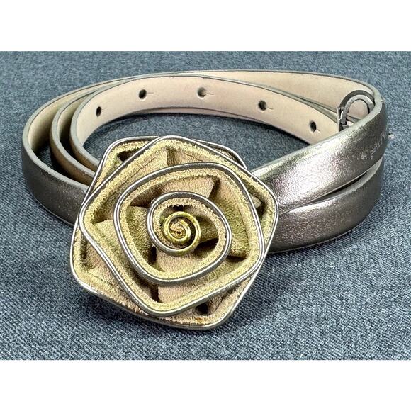Vintage Talbots Muted Silver Metallic Leather Flower Buckle Belt- Size Large main image 6